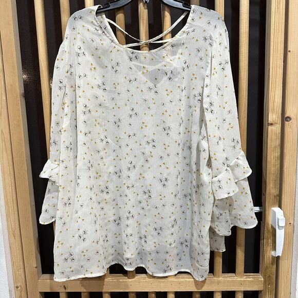Torrid Blouse Plus 4X White Yellow Floral Ruffle Sleeve Sheer Tunic Top - Picture 2 of 10